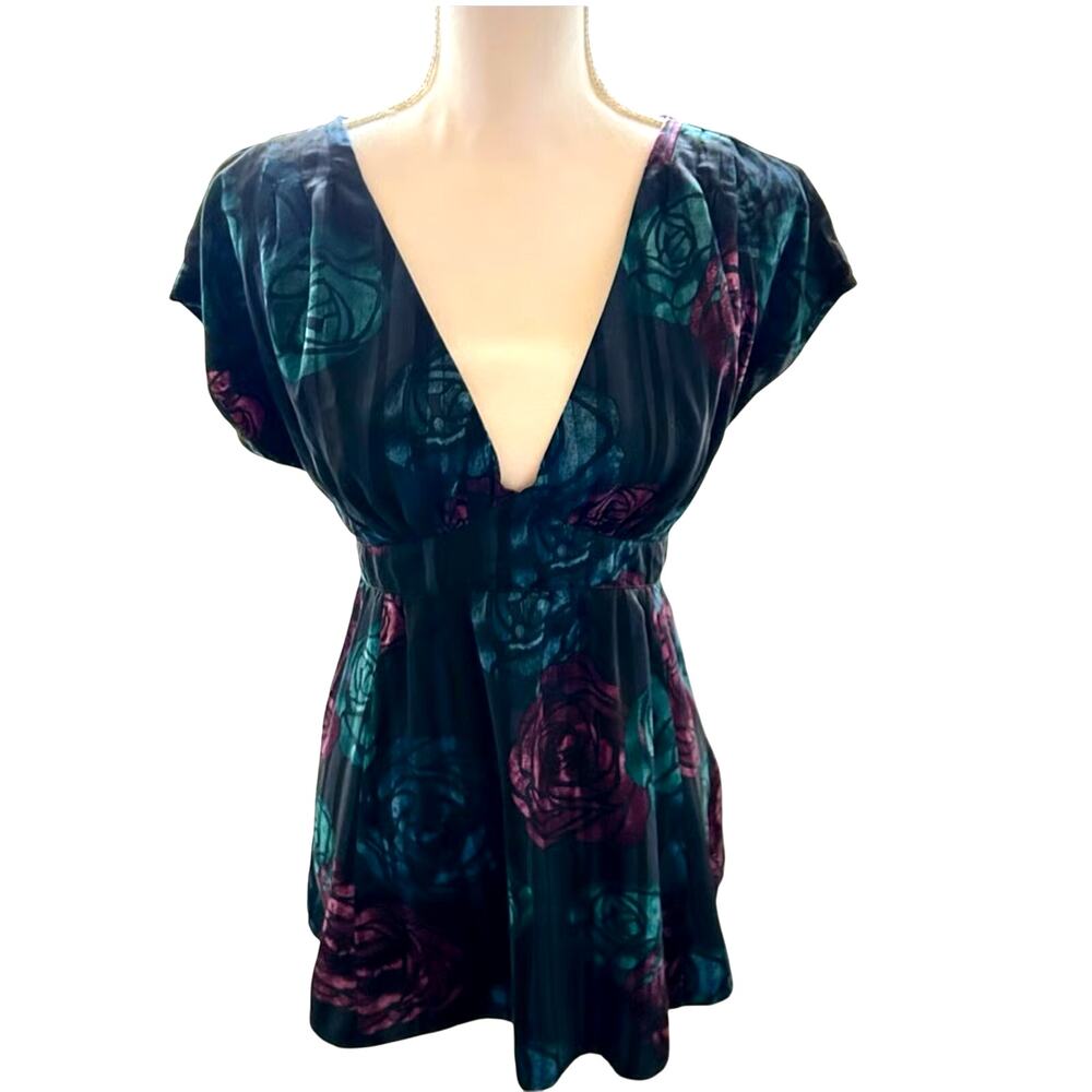 Women's Vintage DKNY Tie Back Babydoll Satin Shirt Rose Print - M